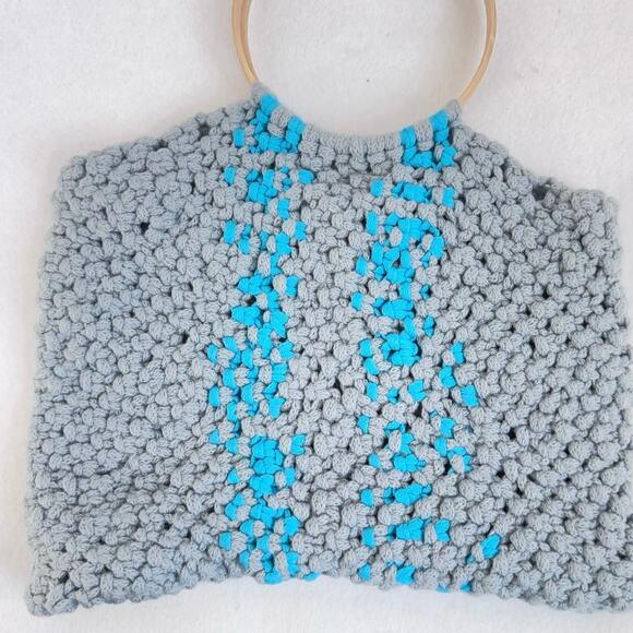 Handmade Crochet Tote Bag Gray Blue Striped Yarn Purse with Wooden Round Handles - Picture 3 of 7
